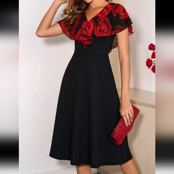 Women's Elegant Rose Floral Print A-Line Ruffle Hem Dress,Perfect For Valentine' - Picture 1 of 5